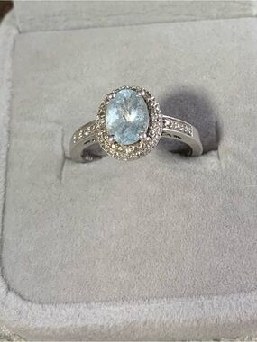 Vintage Blue Topaz CZ Halo Ring in Sterling Silver - Light Blue